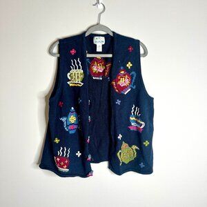 The Quacker Factory Teapot Novelty Knitted Cottagecore Grandma Sweater Vest 1X